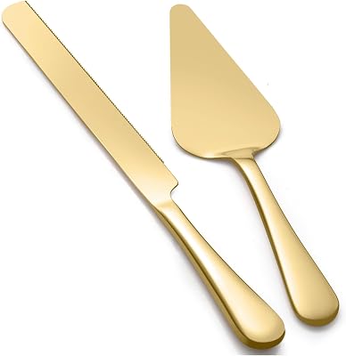 13-Inch Premium Cake Cutting Set for Wedding, Cake Knife and Server Set with Serrated Blade, Ergonomic Handle & Mirror Finish, Ideal for Cake, Pastry, Pizza and Desserts Gold