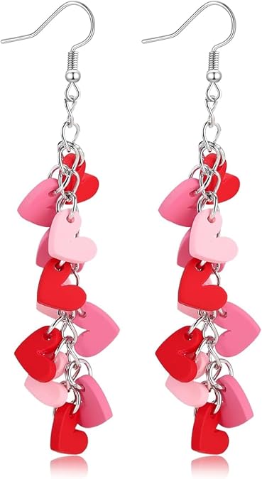 Valentine's Day Earrings for Women - Pink and Red Heart Long Dangle Clay Jewelry, Valentines Day Outfit Accessories Gifts