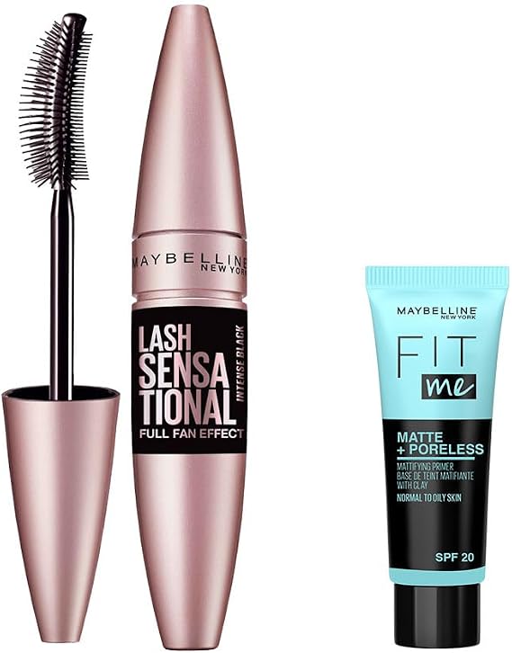 Maybelline New York Lash Sensational Yelpaze Etkili Intense Black Maskara - Ekstra Siyah 9.5 ml & Mini Fit Me Matte - Poreless Matlaştırcı Makyaj Bazı Makyaj Seti