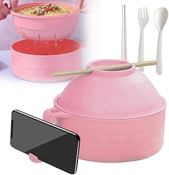 Soputry Microwave Ramen Bowl Set with Lid, Instant Ramen Noodle Bowl, Wheat Fiber, Pink, Modern Style, 1200ml Capacity