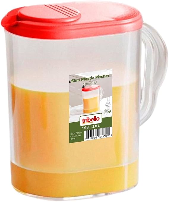 Tribello Pitcher with Lid 1 Gallon, Slim Clear Plastic Water Jug with Pivot-top Spout Lids, Iced Tea Pitcher for Fridge, Freezer/Dishwasher Safe, and BPA/Phthalate Free