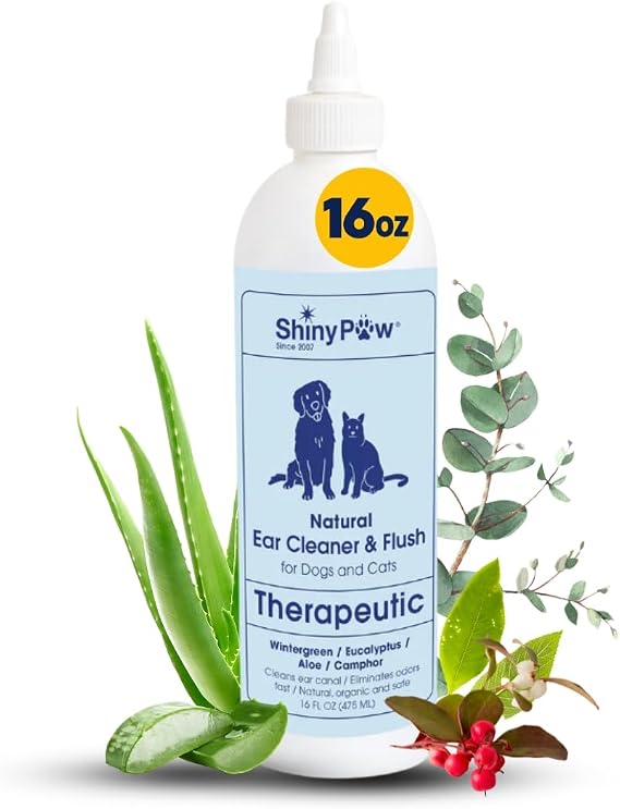 Dog Ear Cleaner Solution for Dogs & Cats 16 oz by Shiny Paw | Wintergreen, Camphor & Aloe Gentle Ear Flush for Pets Health | Dog Ear Wash | Made in the USA