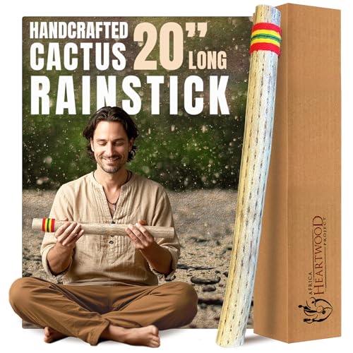 Africa Heartwood Project 20 Cactus Rainstick from Chile - Authentic Handcrafted Rain Stick Musical Instrument with Rasta Yarn Wrap and Durable Sealant