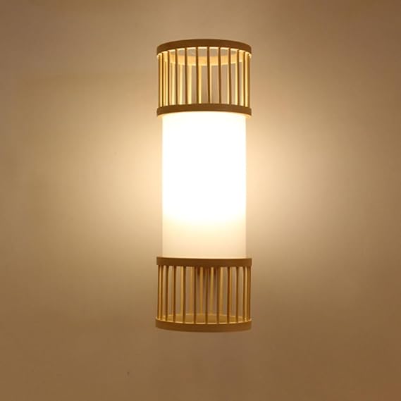Rattan Wall Sconce Rustic Bamboo Sconce Wabi-sabi Wall Light Fixture Cylindrical Wood Wall Lamp with Imitation Parchment Shade, E27 Japanese-style Sconces for Bedroom Hallway Aisle