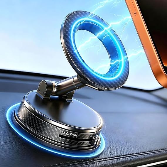 Black Magnetic Phone Holder for Car, 360 Adjustable | Vacuum Suction & 3000gf Magnet,360 Adjustable Dashboard Mount,Compatible with iPhone & Android,Strong Grip Secure Hold