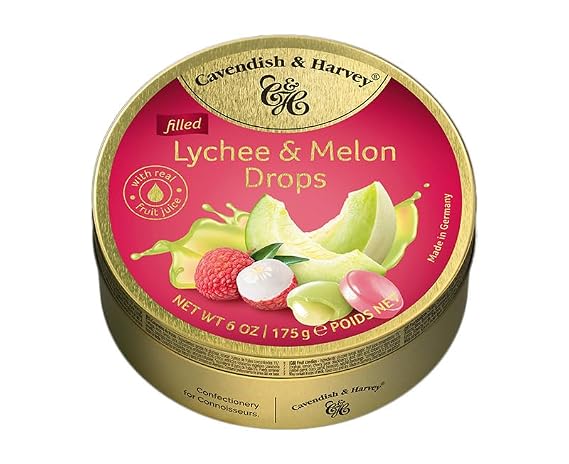 Cavendish & Harvey | Lychee & Melon Filled Hard Candy Drops | 175g 6 ounce Tin