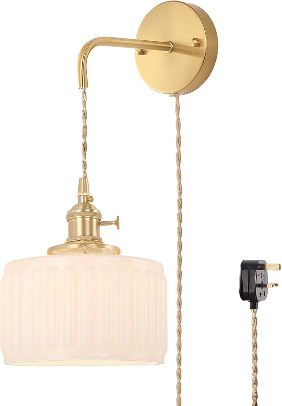 Shenmoyl Plug in Wall Light Indoor, Hanging Wall Lamp with Adjustable Plug in Cord, Vintage Wall Sconce Decor for Bedside Living Room Bedroom Bathroom, Z-Striped White