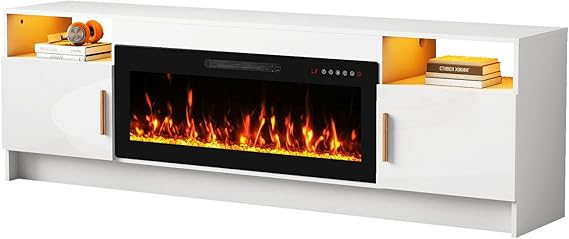 Quiniver 36" Electric Fireplace TV Stand 2 in 1 Entertainment Centre White | Two heating modes, custom flame visuals, timer function, quiet operation, overheat safeguard, LED, ample storage space