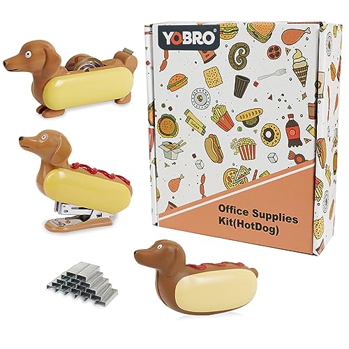 Yobro Miniature Dachshund Hot Dog Desk Set - Includes Mini Stapler, Tape Dispenser & Squeeze Hotdog - Cute Office Supplies for Desk Organization,Age 15 Years