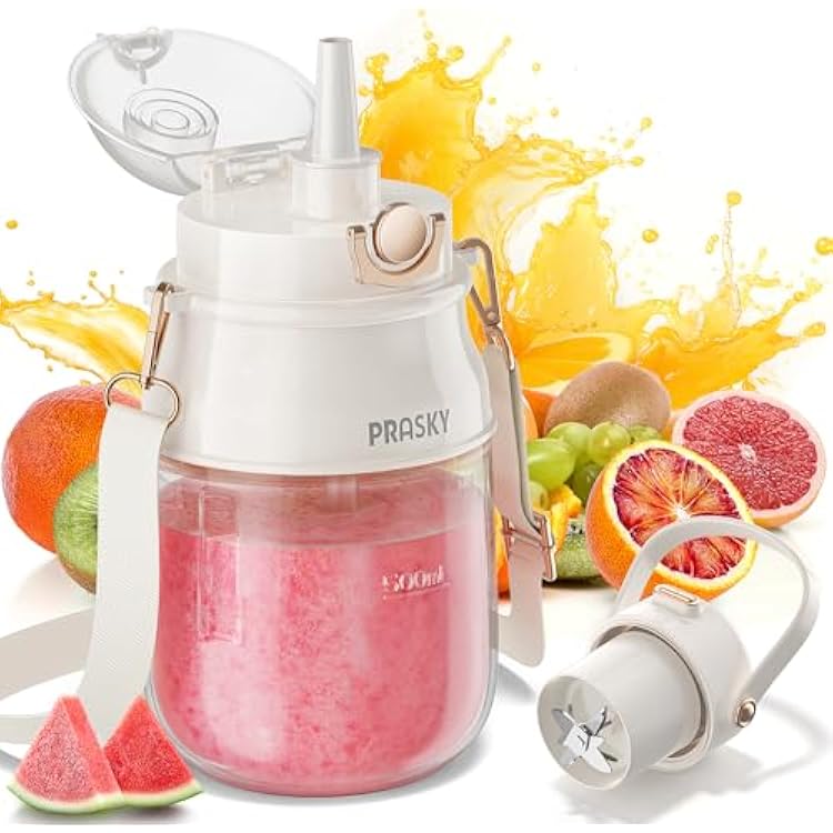 Portable Blender, Prasky Personal Blenders for Shakes and Smoothies with 27oz Cup, Lid and Shoulder Strap, Type-C USB Rechargeable, Personal Size Blenders BPA-free for GymTravelKitchen White
