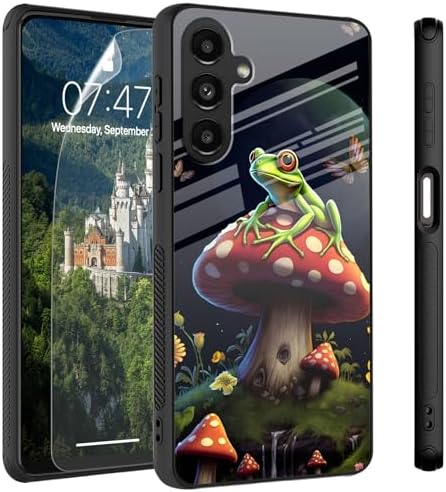 Case for Samsung Galaxy A54 5G Tempered Glass Back Cover with Screen Protector,Shockproof Protection Phone Case for Samsung Galaxy A54 5G,Frog on Mushroom