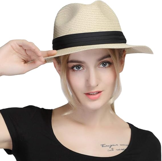 iHomey Women Panama Straw Sun Hat Foldable Wide Brim Fedora Sun Caps UV Protection Summer Beach Cap