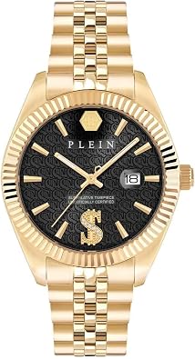 Philipp Plein Date Superlative Collection Luxury Mens Watch Timepieces with a Gold Bracelet and Case Featuring a Black Dial