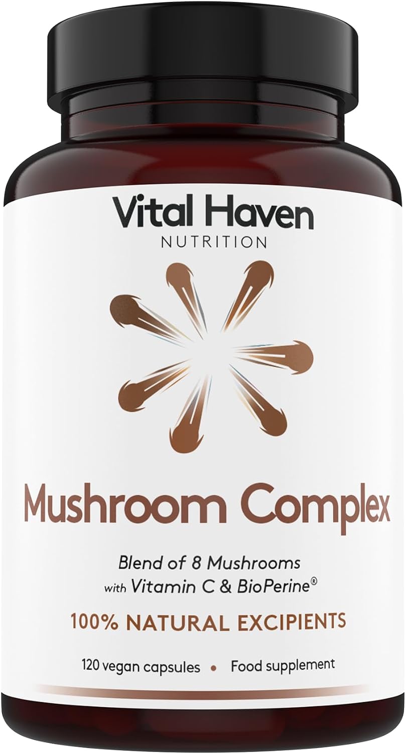 Mushroom Supplement - Lions Mane, Reishi, Cordyceps, Shiitake, Maitake, Chaga, Agaricus Blazei, Tremella with VIT C - UK Made