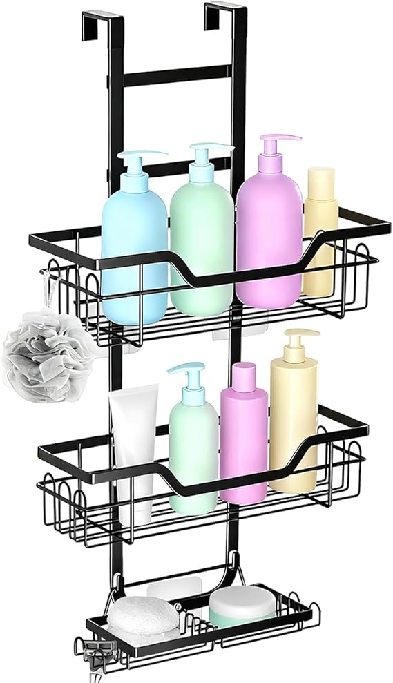 3 Layers Hanging Shower Caddy with 3 Hooks, Rustproof Over Door Showers Shelf Organiser, Keep Tidy Durable No Drilling Bathroom Storage Rack Caddys for Shampoo, Soap, Toiletries, Conditioner (Black)
