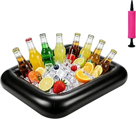 Inflatable Ice Serving Buffet Bar with Drain Plug- BBQ Picnic Pool Party | Drink Floats, Floating Drink Holder, Cup Holders, Pool Party Accessories, Hot Tub Compatible (Black, 30 x 22 x 4.7 inches)