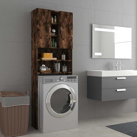 Smoked Oak Washing Machine Cabinet 64 x 25.5 x 190 cm Washing Machine Cabinet for Washing Machine and Tumble Dryer, Storage Unit Above the Toilet Shelf for Bathroom