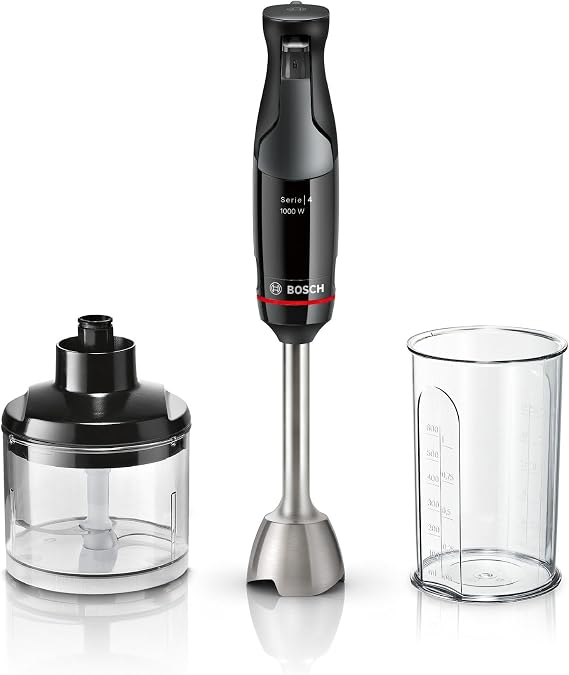 Bosch ErgoMaster Series 4 Hand Blender with Chopper Mixing/Measuring Cup Stainless Steel Blades Durable Wear-free Ceramic Coupling 1000 Watt Black MSM4B620