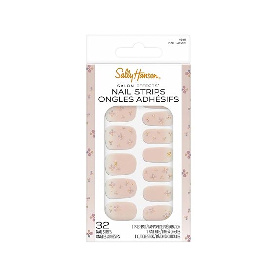 Sally Hansen Salon Effects Nail Strips | No UV Light Needed, No Dry Time, Long-Lasting, Non-Damaging | 32 Nail Strips, 1 Cuticle Stick, Nail File, Prep Pad | Pink Blossom