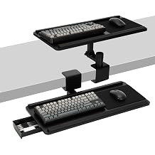 Upgraded Adjustable Keyboard Tray with Drawer for Above Desk & Under Desk Use, 25"10.6" Ergonomic 360 Rotating Keyboard Stand with Wrist Rest, Clamp On Keyboard Platform for Office Gaming Studying
