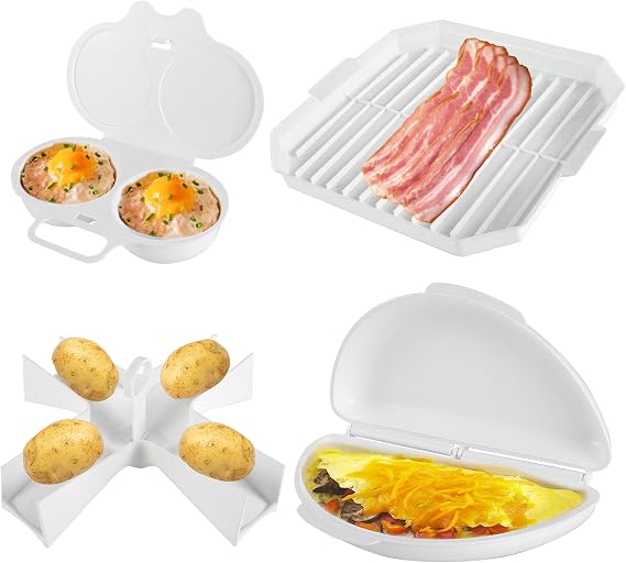 4Pcs Microwave Cooking Set BPA Free Heat Resistant Dishwasher Safe Microwave Oven Cookware Set with Bacon Baking Plate Egg Steamer Fried Egg Box Potato Rack for Home Kitchen(Graphic package)