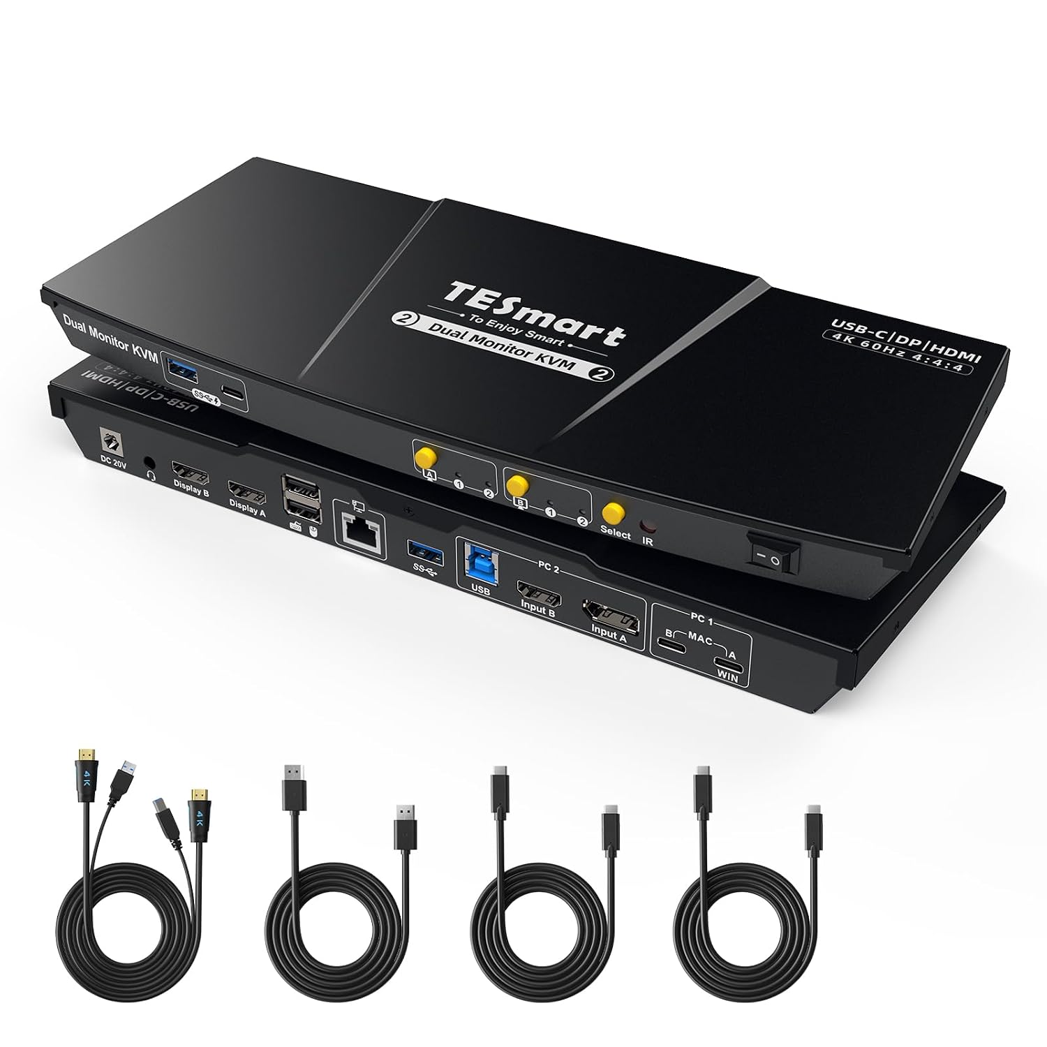 TESmart USB-C MST&EDID KVM Switch 2 Monitors 2 Computers HDMIDisplayPort, USB 3.0 KVM Docking Station for Laptop&Desktop, Charging for Laptop, 4K@60Hz, Gigabit Network, Hotkey Switch, Input Cables