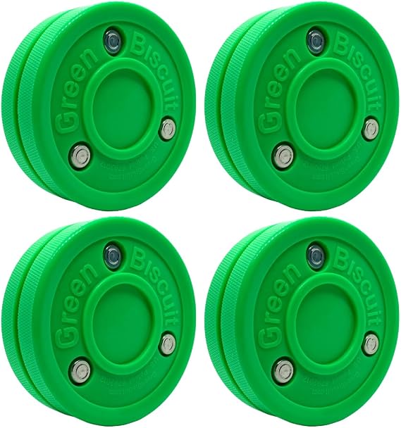 Green Biscuit Original 4 Pack Off Ice Hockey Pucks, Official Street Hockey Puck to Improve Stickhandling and Passing Skills