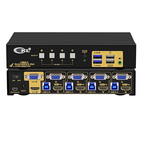 KVM Switch Dual Monitor 4K@60Hz HDMI + VGA for Home and Office to Console Desktops/Laptops, Support USB 3.0, Hot Key, Audio, Wireless Keyboard and Mouse (2 Monitors 4 Computers 942HV-3)