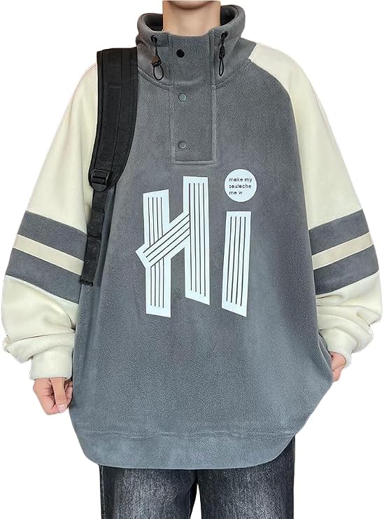 Mens Fuzzy Sherpa Button Collar Sweatshirt Oversized Pullover Fall Winter Warm Color Matching