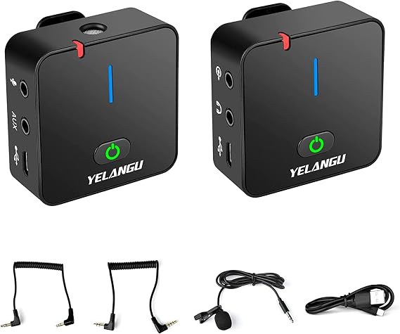YLG Lavalier Microphone System, Lapel Mic System with Transmitter and Receiver, Rechargeable Compact Lav Mic for iPhone Android Smartphone DSLR Camera Camcorder Recorder