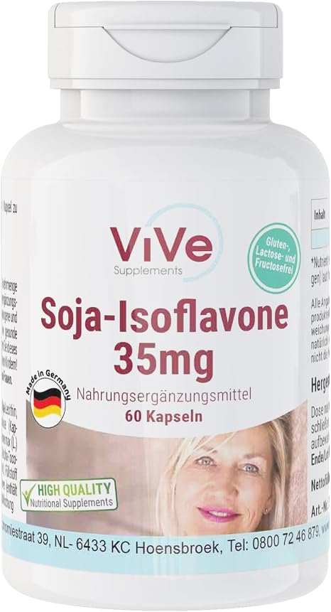 Soy Isoflavones 35 mg 60 Capsules Swallow-Friendly High Dose and Vegan Made from Standardized Soybean Extract Quality from Germany ViVe Supplements