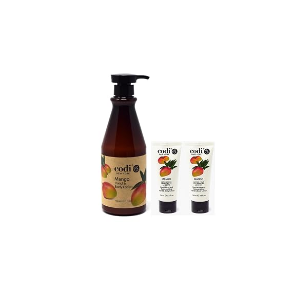 CodiNCodi Hand & Body Lotion Mango 750 ml Bottle and 2 Tubes | Durable, BPA-free storage container with an ergonomic handle, made in the USA.