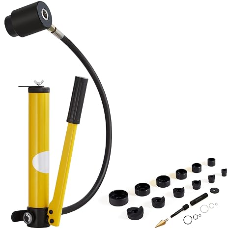 Happybuy Hydraulic Knockout Punch Kit - Your Ultimate Hole Cutting Solution. 10 Ton Power for Precision Cuts from 1/2" to 2". 6 Piece Puncher Set for Various Metals & Materials.