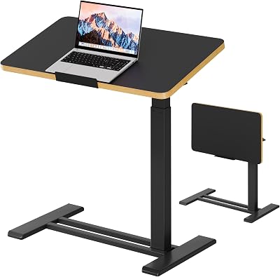 SANODESK Medical Adjustable Overbed Bedside Table with Casters 90 Tilt Top Pneumatic Mobile Rolling Laptop Computer Standing Desk Cart with Tray, Hospital and Home Use27.6 W x 15.7 D, Black