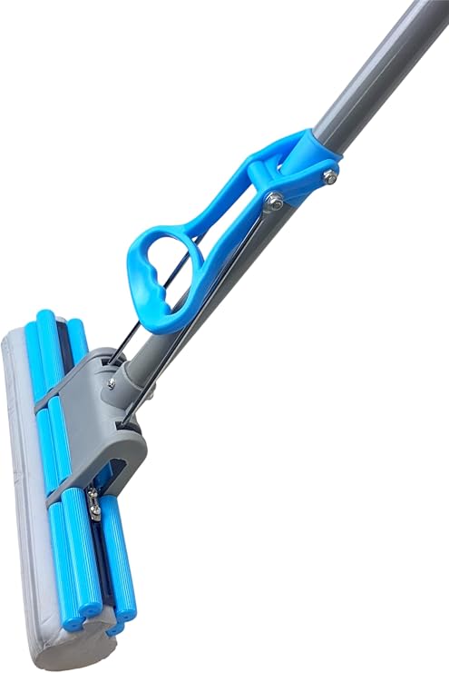 Professional PVA Sponge Mop with Self-Wringing Head, with Telescopic Pole/ Extendable Handle, Blue and Grey