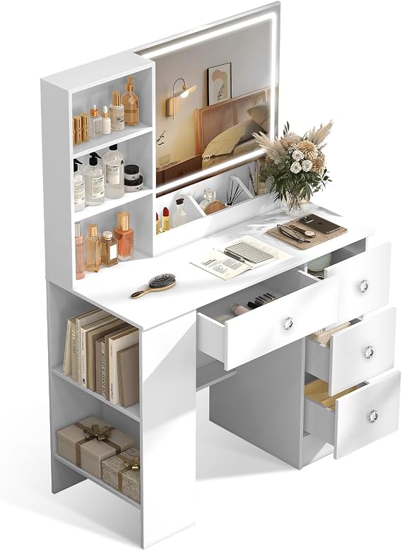 Large Dressing Table with LED Mirror and Side Cabinet, Makeup Vanity Desk with Lights, 4 Drawers & 6 Storage Shelves, 3 Color Lighted Vanity Table Girls Makeup Desk 90cm, Diamond Handles