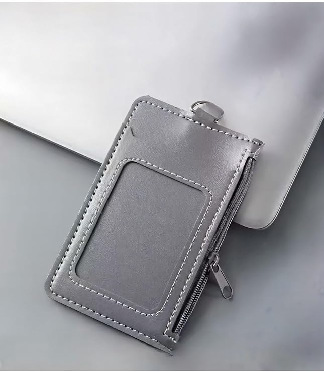 Leather Dikey Gri Kart Kılıfı Yaka Kartı Koruyucu Fermuarlı