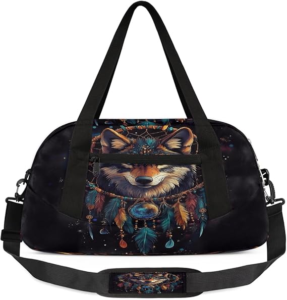 Kids Travel Duffle Bag Weekender Overnight Bag Gym Tote for Boy Girls Carry On Workout Duffel Bag(Dreamcatcher Wolf)