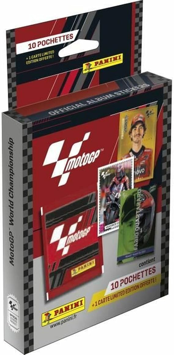 Panini - Moto GP 2023 Stickers Blister Pack of 10 Sleeves + 1 Limited Edition Card, 004616KBF10