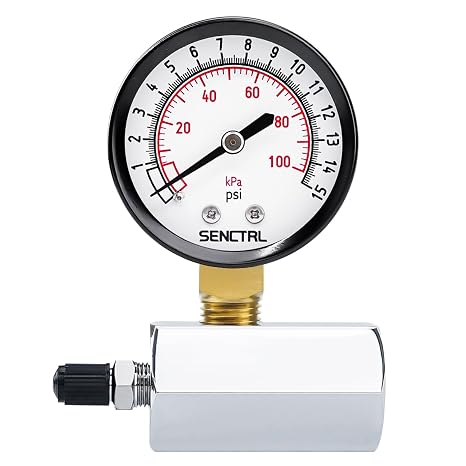 SENCTRL 0-15 Psi Gas Pressure Test Gauge, 2" Dial Size, 3/4" FNPT Connection, Brass Valve, Chrome Plated Steel Body Assembly