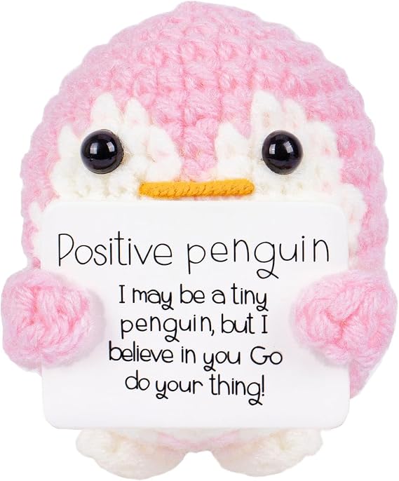Positive Penguin, 2.6 Inch Knitted Toy, Handmade Mini Funny Crochet Doll with Positive Cards, Encouraging Gift for Home & Office Decor (Pink)