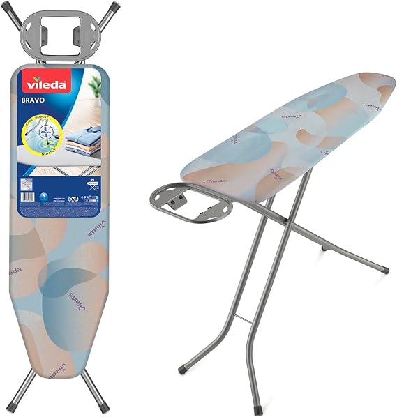 Vileda Bravo Ironing Board, 120x38 cm Surface, 75-96 cm Adjustable Height | 100% Cotton Cover, 8mm Foam Padding, Smooth Gliding, Extra-Wide Legs, Foldable, Integrated Iron Rest, Non-slip feet