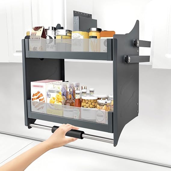 2-Tier Pull Down Kitchen Cabinet Organizer, Heavy Duty Drop Down Shelf Blind Pull-Down Dish and Spice Rack System Inner Space Saving High Cabinet Pull Down Shelf for Kitchen Base Cabinet Organization