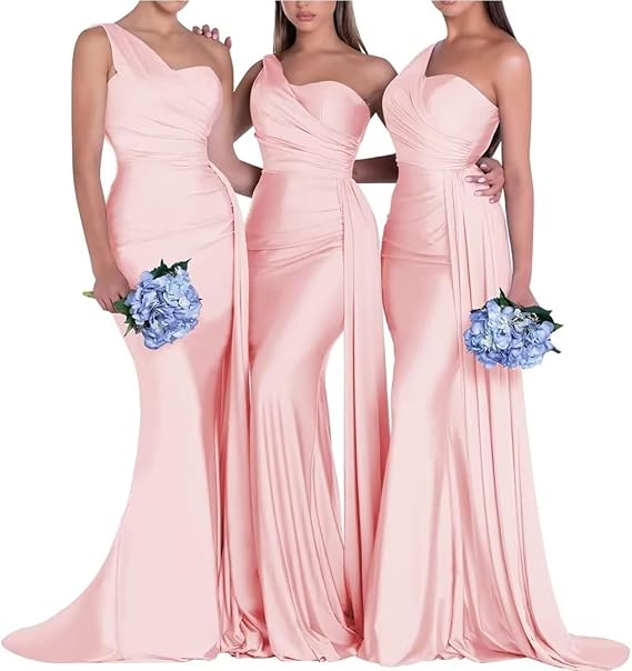 One Shoulder Bridesmaid Dresses Satin Mermaid Prom Dresses Long Ruched Bodycon Formal Evening Gowns for Wedding
