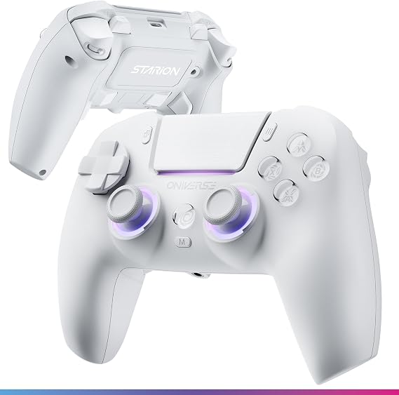 Oniverse Mando inalámbrico para PS5/PC/Steam Deck - Starion - Joysticks y gatillos con tecnología Hall Effect, Paletas macro programables, Gatillos L4/R4, Panel táctil, Bluetooth/USB-C - Blanco