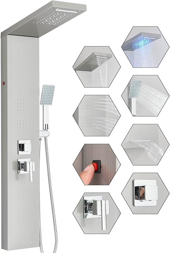 FUZ Brushed Nickel Stainless Steel Shower Panel Tower System | Shower Panel System with LED Fancy Rain Shower Head and Handheld, Adujstable Rainfall Massage Body Jets and Tub Spout