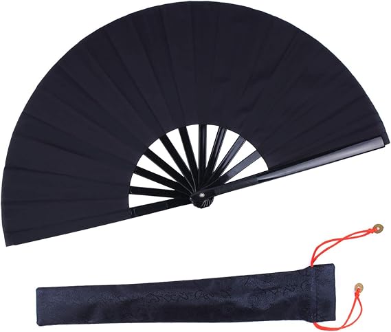 Folding Fan Black Large Hand Fan Chinese Kung Fu Tai Chi Hand Held Plastic-Nylon Folding Fans for Men with a Fabric Case for Protection 13inch