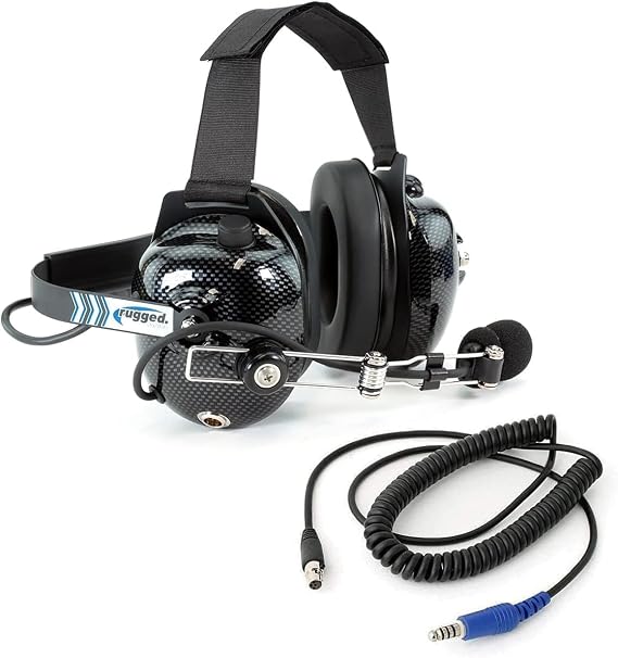 Rugged Radios Carbon Fiber Behind The Head Headset and Adaptor Cable for Intercoms Features 5-Pin to Off Road Coil Cord and Volume Control Knob 3.5mm Input Jack