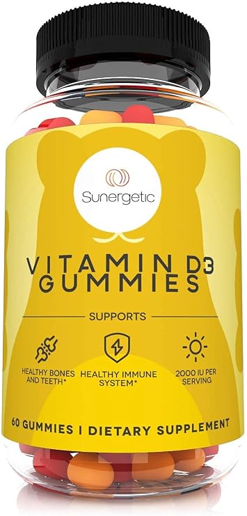 Sunergetic Premium Vitamin D3 Gummies Powerful Vitamin D Gummies to Support Healthy Bones, Mood & Immune System 2000 IU of Vitamin D3 per Serving 60 D3 Gummies