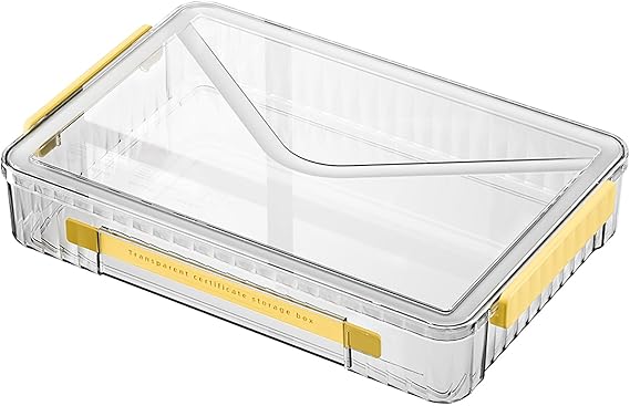 Marte Vanci Plastic Storage Box with Lid, Clear A4 File Box Portable Project Case with Handle Transparent Organiser for Photo Craft Storage Document Letter Paper Scrapbook Stationery Magazine Yellow